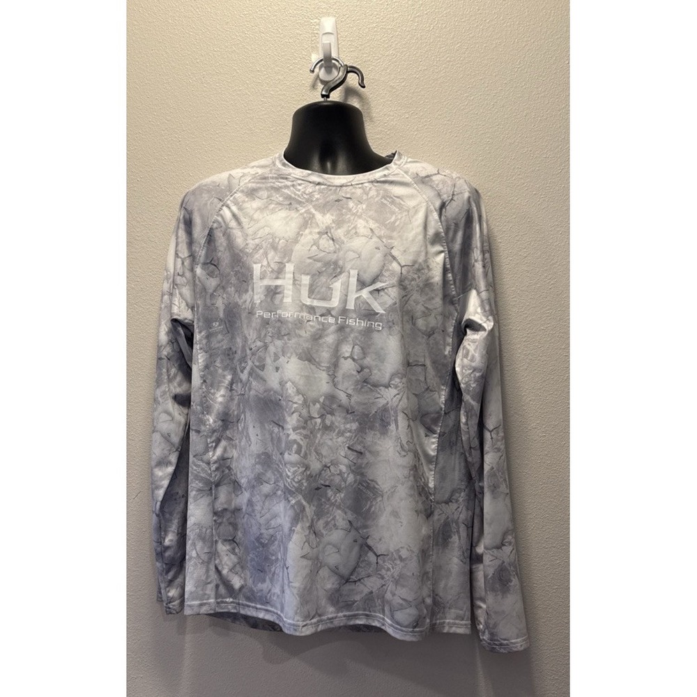 Huk Performance White Fracture Camo Long Sleeve Crew Neck‎ Fishing Shirt Men L